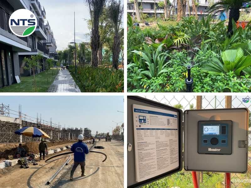 Hình ảnh hệ thống tưới cây tự động Eco Central Park đang trong quá trình lắp đặt và khi đã hoàn thiện một phần