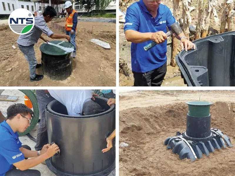 Hình ảnh đội thi công lắp đặt bồn chứa nước graf để thu gom nước mưa cho biệt thự tại Vạn Phúc City nhanh gọn, hiệu quả. 